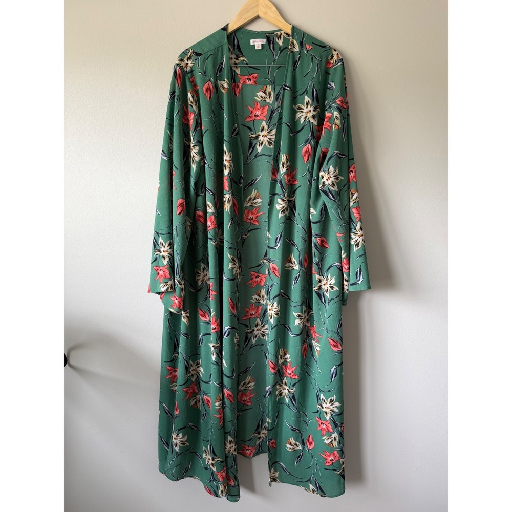 Xhilaration Duster Kimono 3X Green Floral Open Front Long Sleeve Lightweight